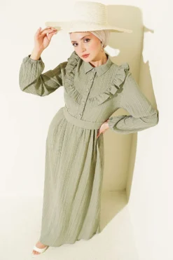 Half Button Ruffled Crinkle Dress بالجملة dress - Hicabistan مصنع تركيا