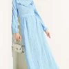 Half Button Ruffled Crinkle Dress Baby Blue