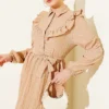 Half Button Ruffled Crinkle Dress Beige al por mayor dress - Hicabistan fábrica Turquía