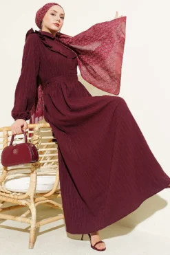 Half Button Ruffled Crinkle Dress Burgundy بالجملة dress - Hicabistan مصنع تركيا