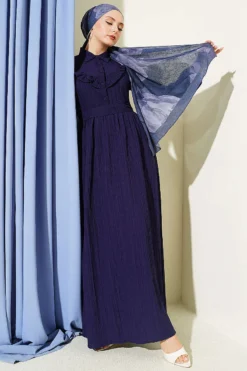 Half Button Ruffled Crinkle Dress Navy Blue بالجملة dress - Hicabistan مصنع تركيا