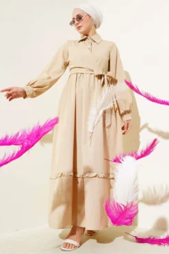 Half Button Ruffled Side Tied Dress Beige