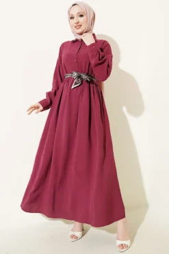 Half Buttoned Scarf Dress Burgundy wholesale dress - Hicabistan Turkey factory