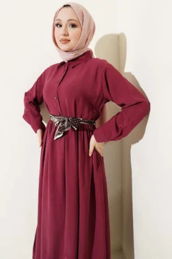 Half Buttoned Scarf Dress Burgundy wholesale dress view 2 - Hicabistan Turkey factory