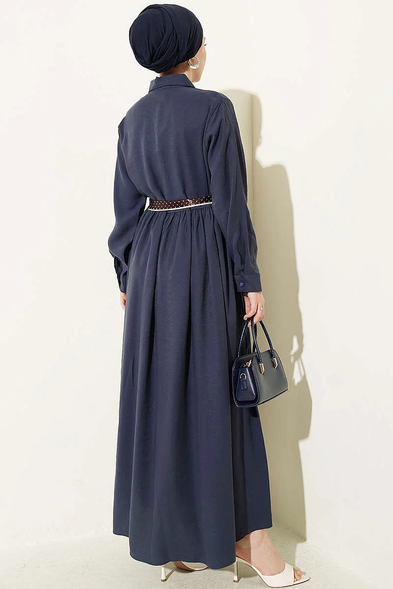 Half Buttoned Scarf Dress Navy Blue – Image 3