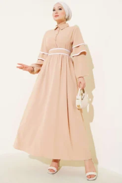 Half Buttoned Belted Dress Beige