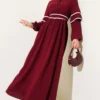 Half Buttoned Belted Dress Burgundy wholesale dress - Hicabistan Turkey factory