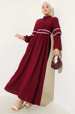 Half Buttoned Belted Dress Burgundy