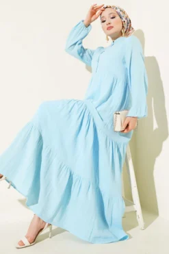 Half Buttoned Mandarin Collar Muslin Dress Blue