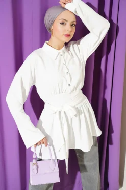 Half Button Self-Belted Tunic White