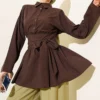 Half Button Self-Belted Tunic Brown