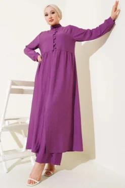 Half Button Long Two-Piece Set Purple