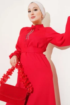 Alternative view of Half Button Neck String Dress Red