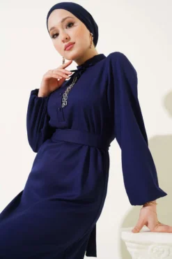 Alternative view of Half Button Neck String Dress Navy Blue