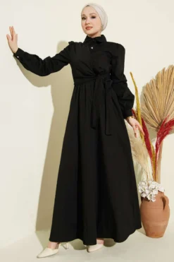 Half Button Side Tied Denim Dress Black al por mayor dress - Hicabistan fábrica Turquía