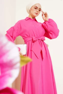 Alternative view of Half-Zip Balloon Sleeve Terikoton Dress Fuchsia