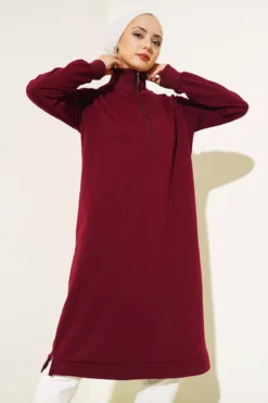 Half-Zip Basic Long Tunic Burgundy