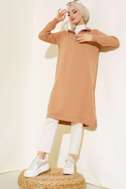 Half-Zip Basic Long Tunic Camel