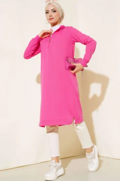 Half-Zip Basic Long Tunic Fuchsia