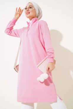 Vista alternativa di Half-Zip Basic Long Tunic Pink
