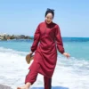 Half-Zip Adjustable Waist Modest Swimsuit Burgundy