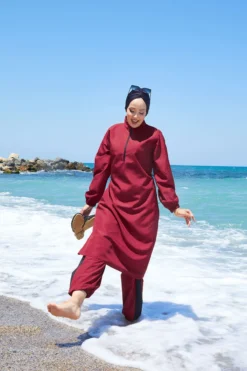 Half-Zip Adjustable Waist Modest Swimsuit Burgundy