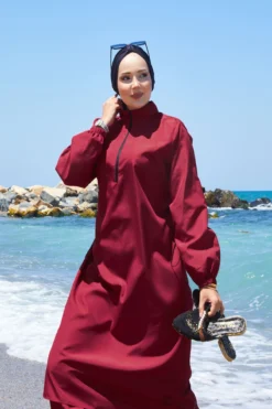 منظر بديل لـ Half-Zip Adjustable Waist Modest Swimsuit Burgundy