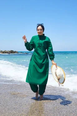 Half-Zip Adjustable Waist Modest Swimsuit Emerald