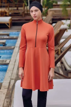 Half-Zip Plain Modest Swimsuit Cinnamon