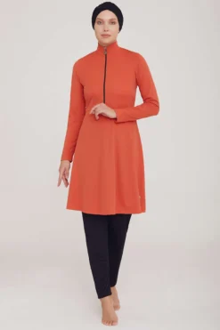 Alternative view of Half-Zip Plain Modest Swimsuit Cinnamon