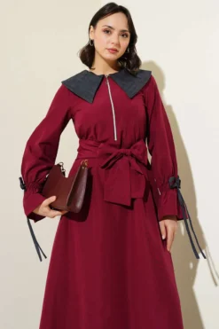 Alternative view of Half-Zip Denim Collar Terikoton Dress Burgundy