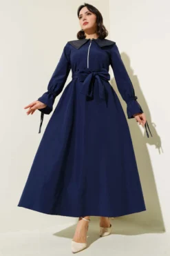Half-Zip Denim Collar Terikoton Dress Navy Blue