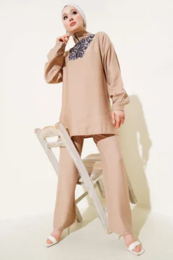 Half Zip Leopard Print Two-Piece Set wholesale clothing set - Hicabistan Turkey factory