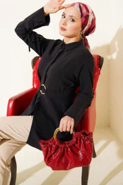 Half Hidden Buttoned Tied Tunic Black