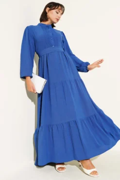 Half Pleated Button Dress Indigo