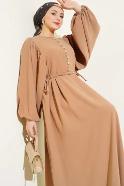 Half Stone Button Side Tied Dress Beige wholesale dress view 2 - Hicabistan Turkey factory
