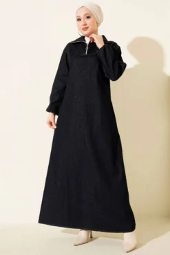 Half Neck Zipper Denim Dress Navy Blue بالجملة dress - Hicabistan مصنع تركيا