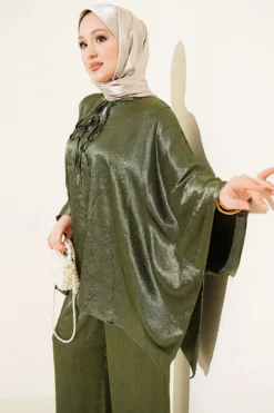 Alternative view of Batwing Sleeve V-Neck Satin Two-Piece Set Khaki