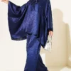 Batwing Sleeve V-Neck Satin Two-Piece Set Navy Blue