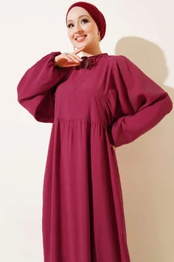 منظر بديل لـ Bat Sleeve Collar Drawstring Modal Dress Burgundy