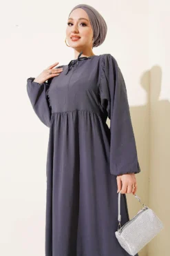 منظر بديل لـ Bat Sleeve Collar Drawstring Modal Dress Smoke Gray