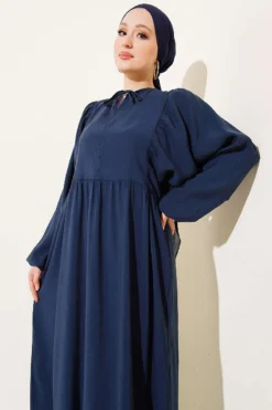 منظر بديل لـ Bat Sleeve Collar Drawstring Modal Dress Navy Blue