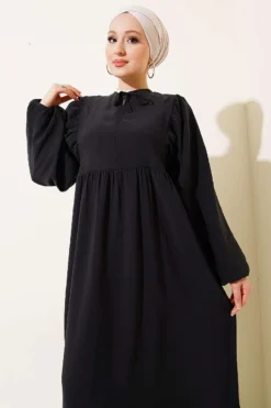 منظر بديل لـ Black Modal Dress with Bat Sleeve Collar and Drawstring