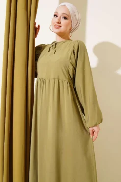 منظر بديل لـ Bat Sleeve Collar Drawstring Modal Dress Oil Green