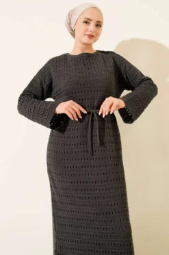Horizontal Openwork Belted Knit Dress بالجملة dress view 2 - Hicabistan مصنع تركيا