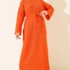 Horizontal Openwork Belted Knit Dress Orange بالجملة dress - Hicabistan مصنع تركيا