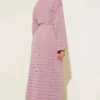 Horizontal Openwork Belted Knit Dress Powder Pink all'ingrosso dress view 3 - Hicabistan fabbrica Turchia