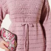 Horizontal Openwork Belted Knit Dress Powder Pink all'ingrosso dress view 4 - Hicabistan fabbrica Turchia