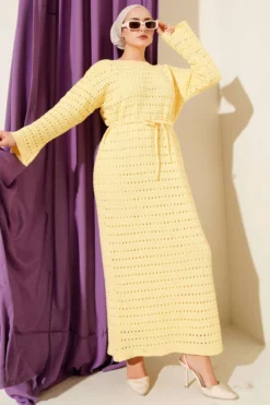 Horizontal Openwork Belted Knit Dress Yellow بالجملة dress - Hicabistan مصنع تركيا