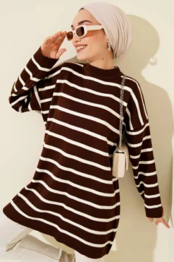 Striped Detail Basic Knit Tunic Brown